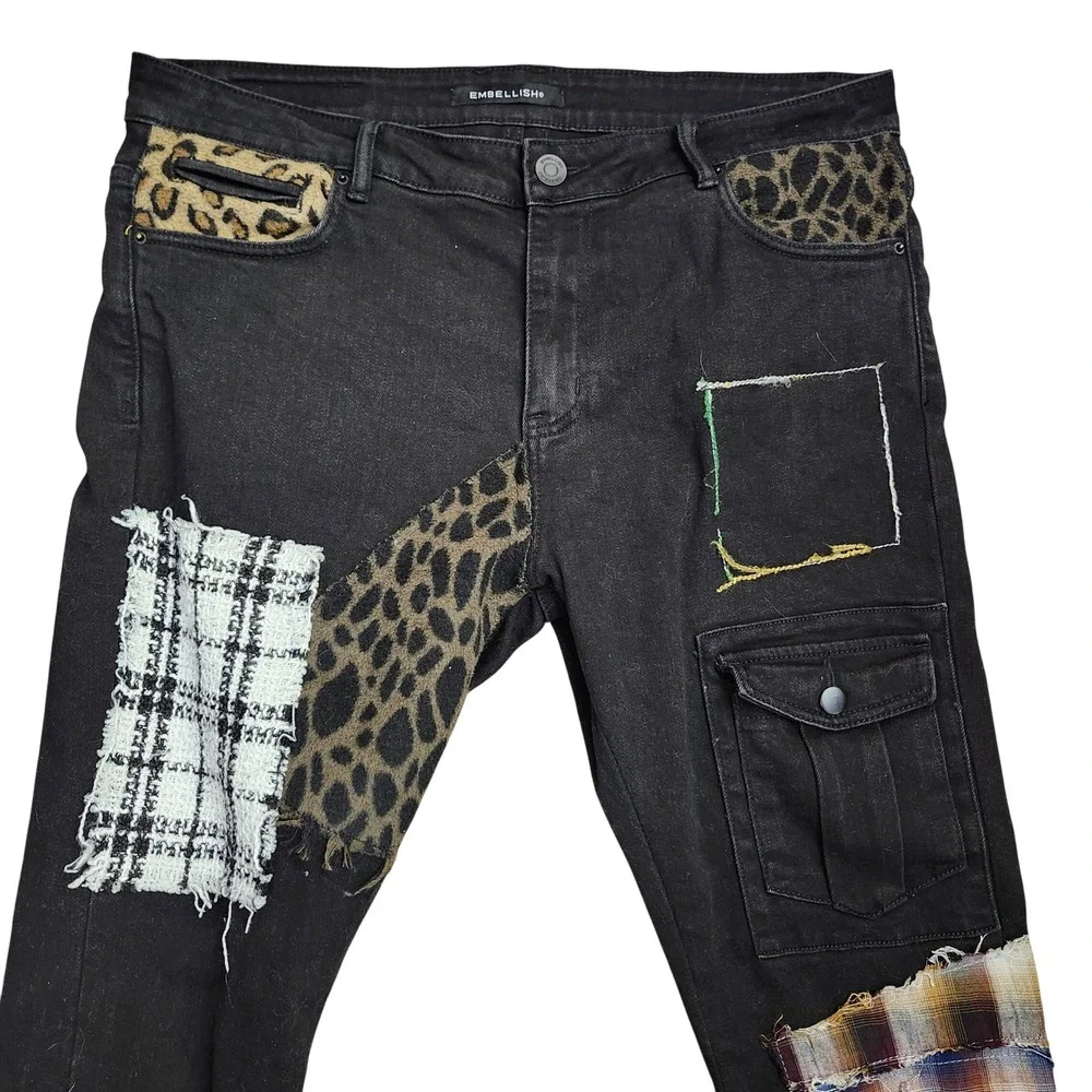 Embellish Trey Black Cargo Patchwork Jeans Leopard Plaid‎ Size 36 Streetwear